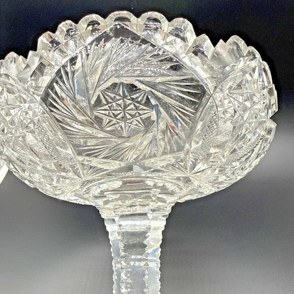 Antique American Brilliant Period Cut Glass Compote Tall Pinwheel Star 10